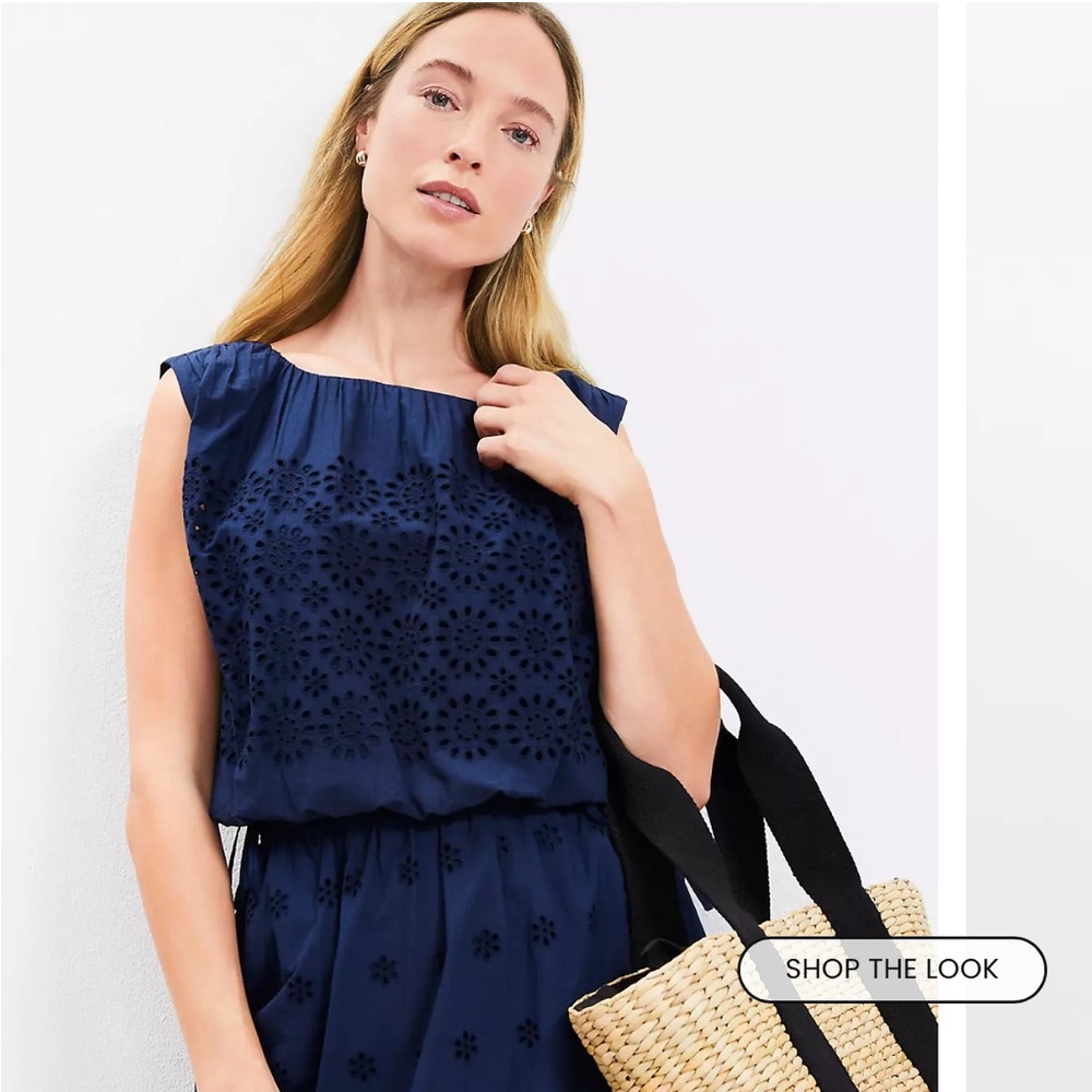 LOFT Eyelet Side Tie Pleated Bubble Top Medium Petite